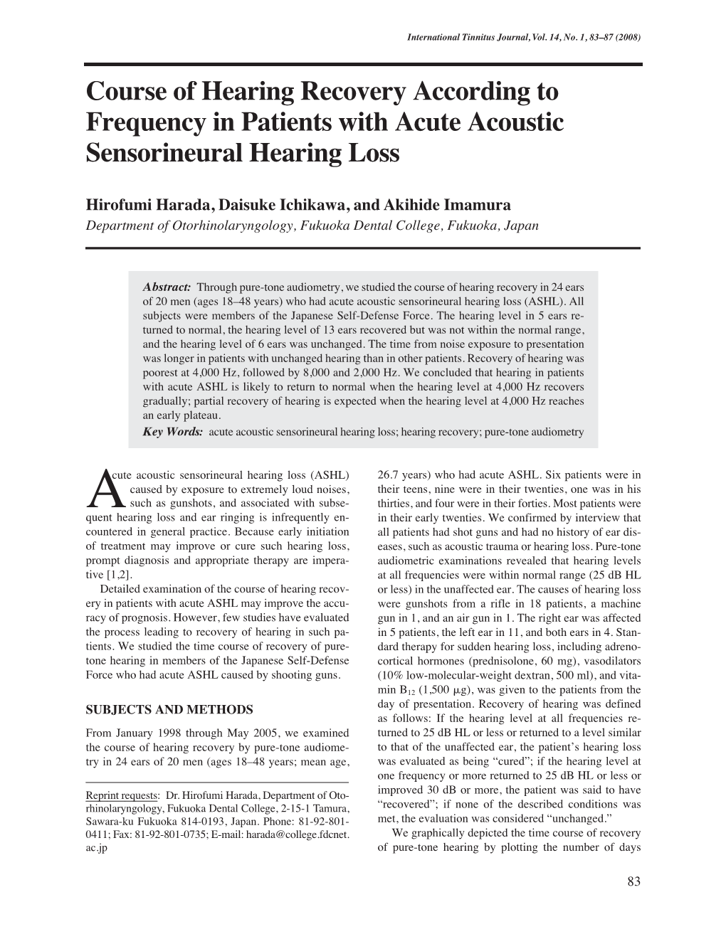 Course of Hearing Recovery According to Frequency in Patients with Acute Acoustic Sensorineural Hearing Loss