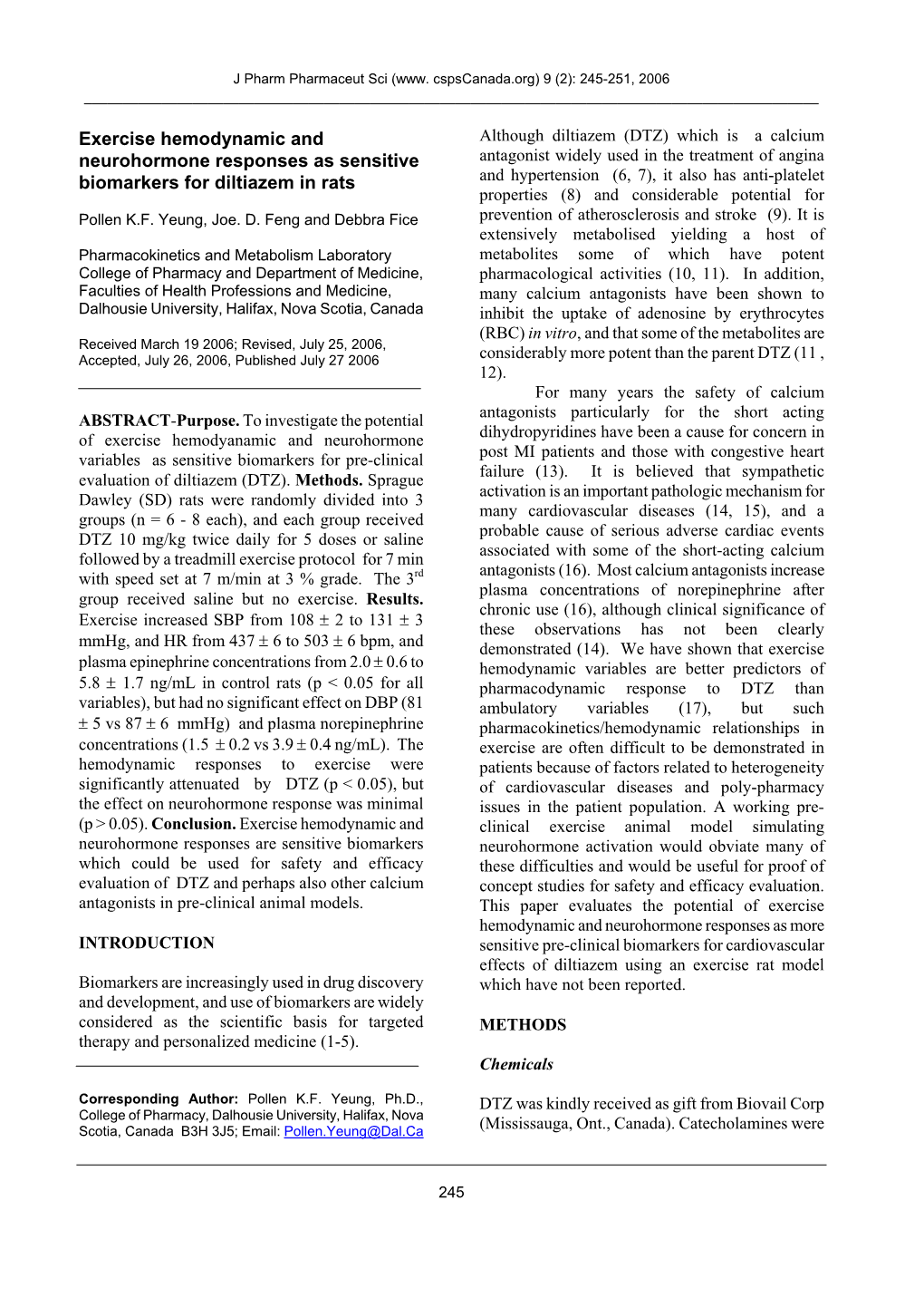 Exercise Hemodynamic and Neurohormone Responses As Sensitive Biomarkers for Diltiazem in Rats