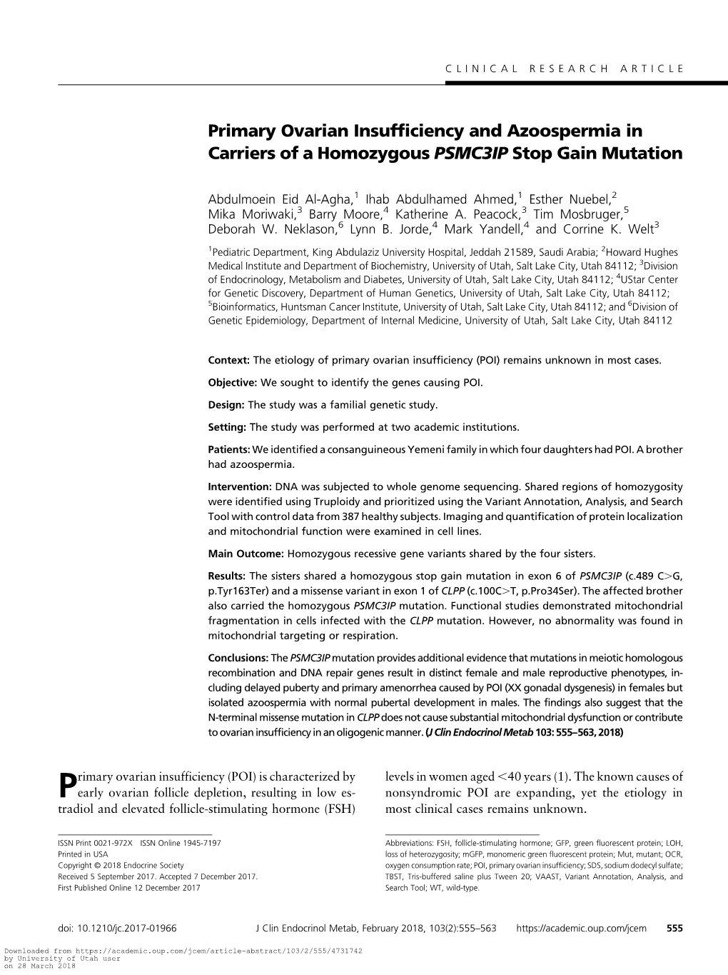 Primary Ovarian Insufficiency and Azoospermia in Carriers of a Homozygous PSMC3IP Stop Gain Mutation