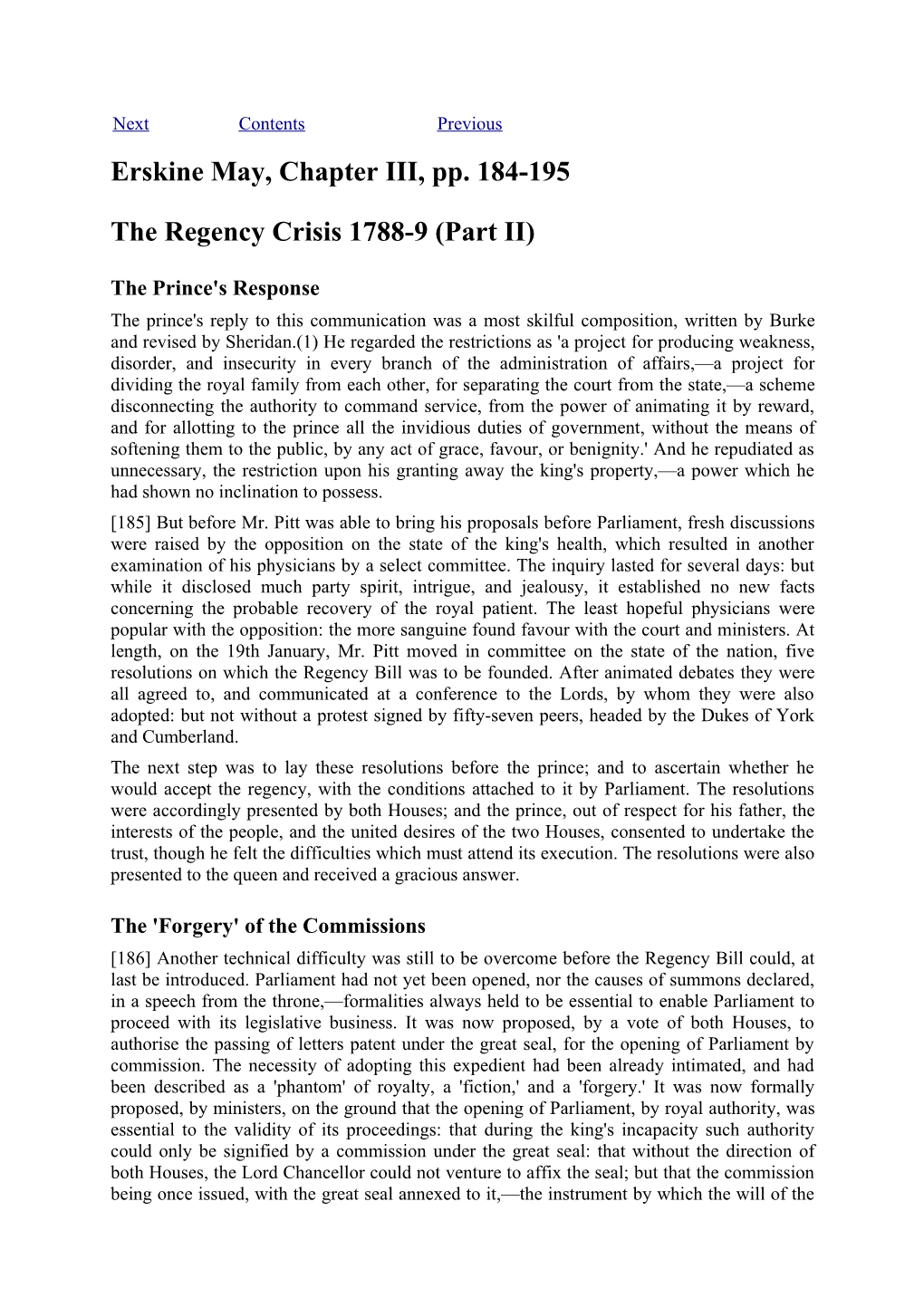 Erskine May, Chapter III, Pp. 184-195 the Regency Crisis 1788-9 (Part