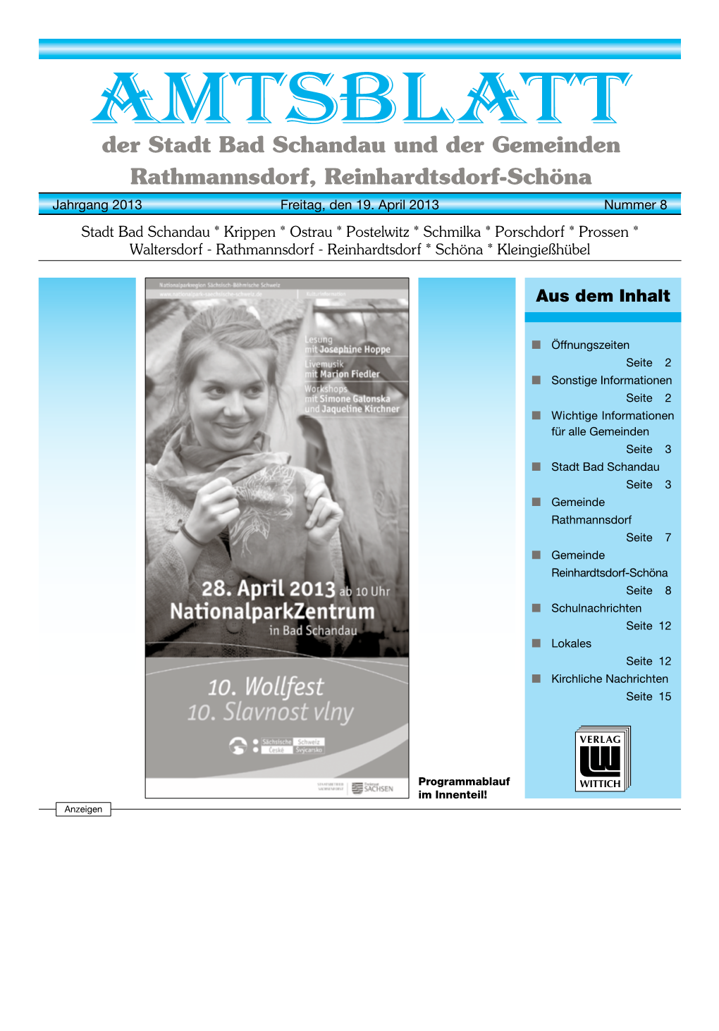 AMTSBLATT Der Stadt Bad Schandau Und Der Gemeinden Rathmannsdorf, Reinhardtsdorf-Schöna Jahrgang 2013 Freitag, Den 19