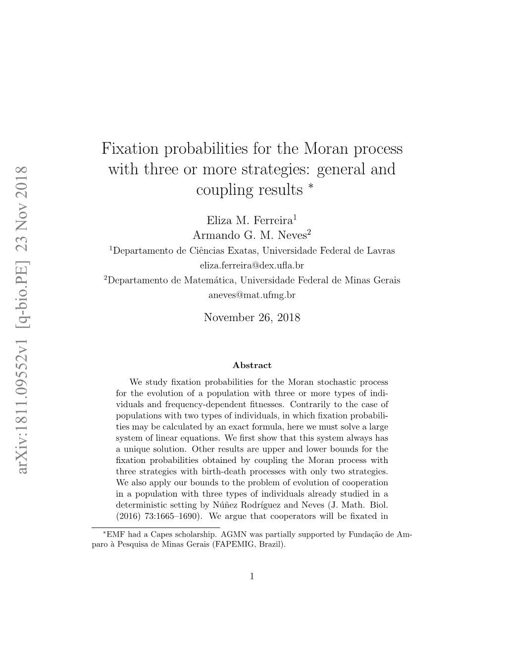 Fixation Probabilities for the Moran Process with Three Or More Strategies: General and Coupling Results ∗