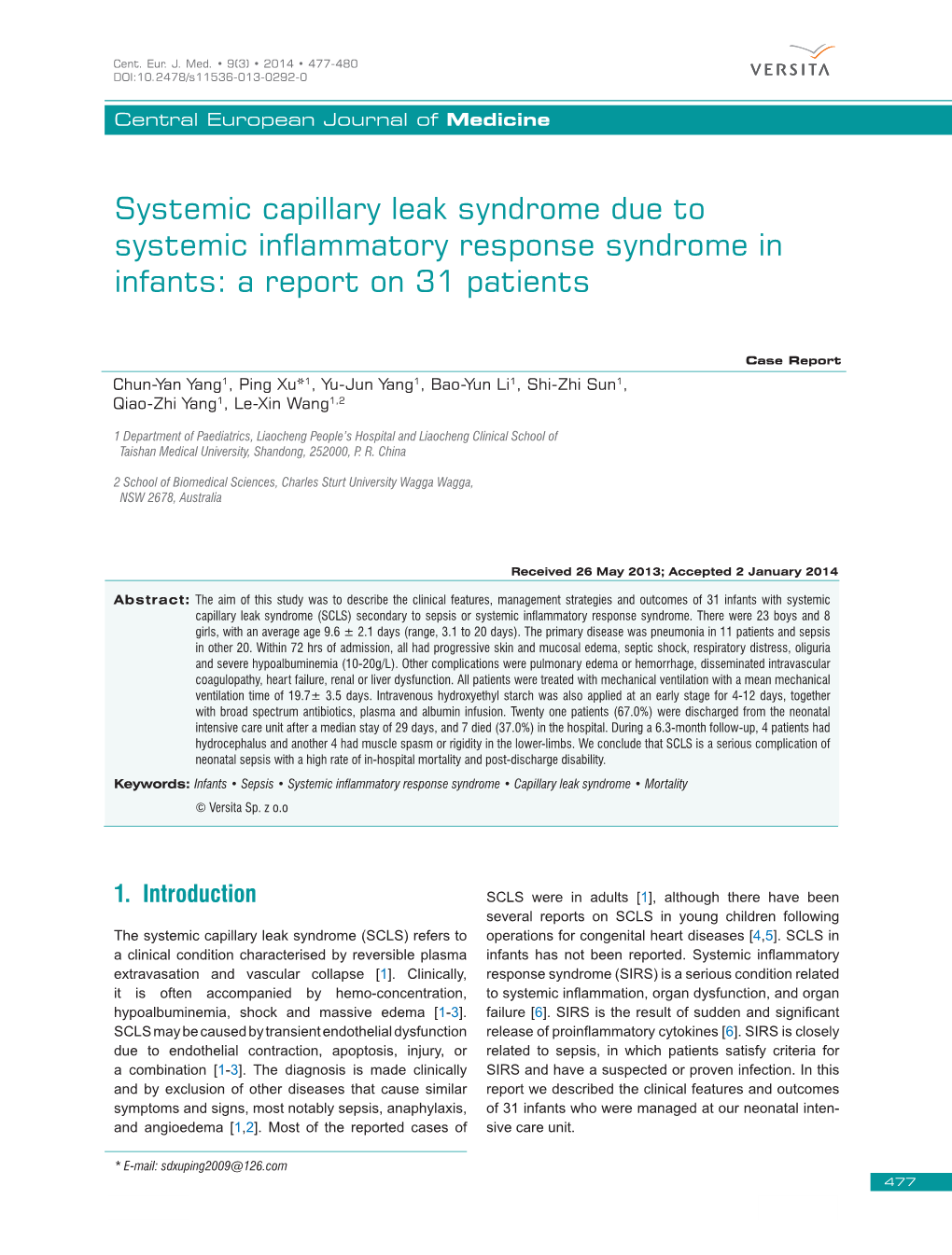 Systemic Capillary Leak Syndrome Due to Systemic Inflammatory Response Syndrome in Infants: a Report on 31 Patients