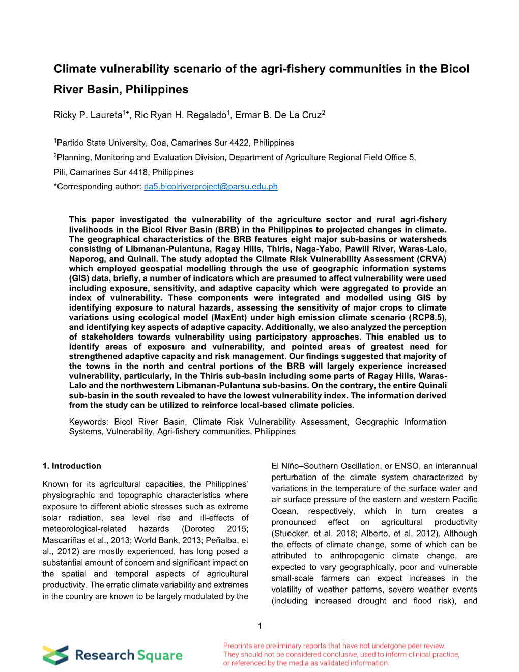 Climate Vulnerability Scenario of the Agri-Fishery Communities in the Bicol River Basin, Philippines