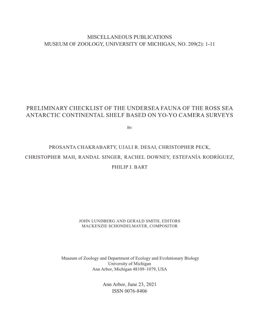 Preliminary Checklist of the Undersea Fauna of the Ross Sea Antarctic Continental Shelf Based on Yo-Yo Camera Surveys