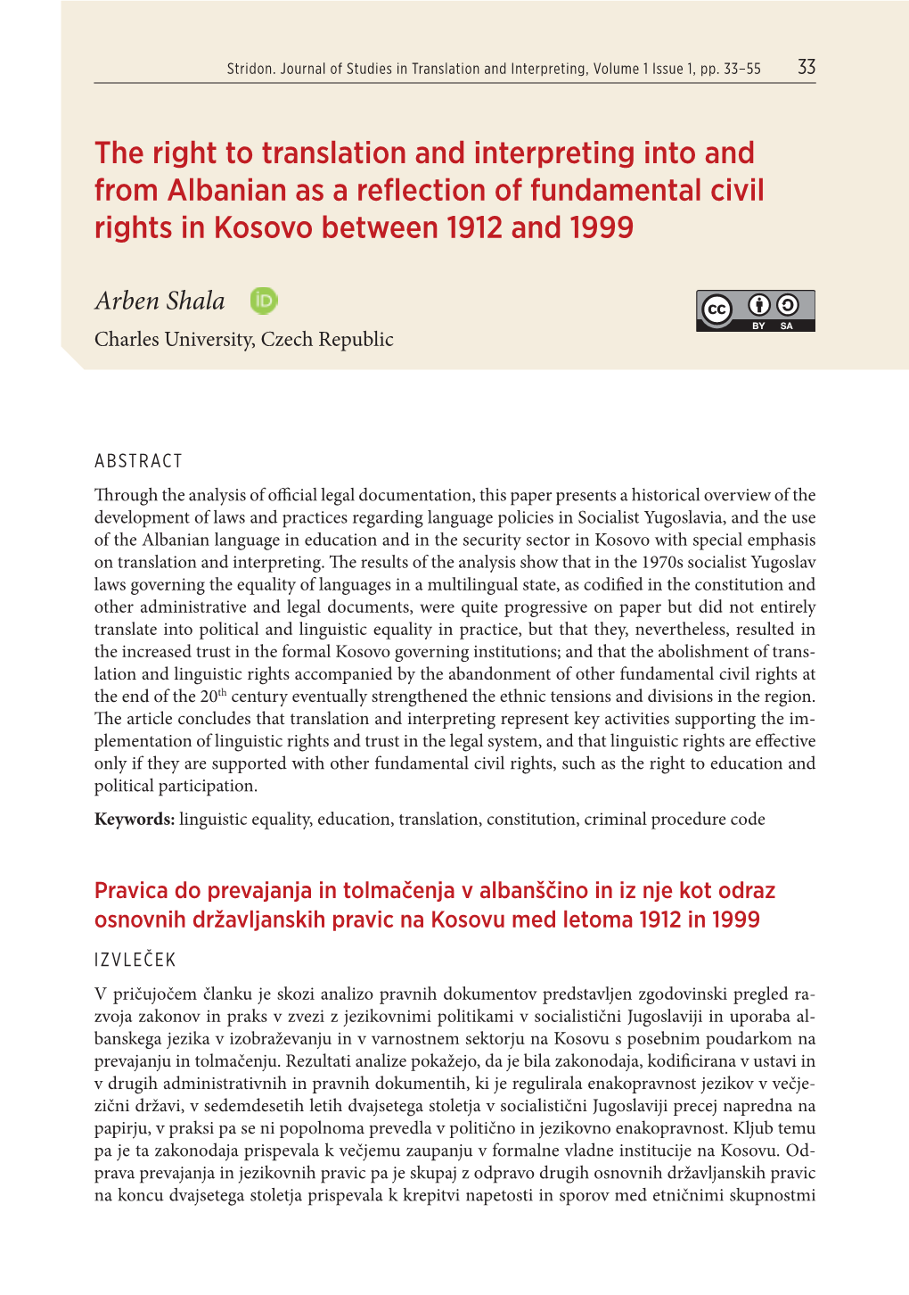 The Right to Translation and Interpreting Into and from Albanian As a Reflection of Fundamental Civil Rights in Kosovo Between 1912 and 1999