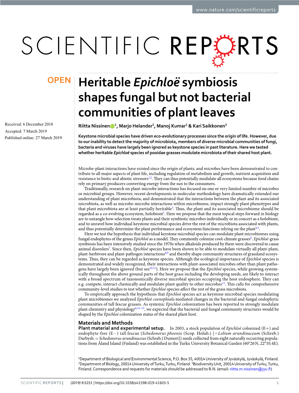 Heritable Epichloë Symbiosis Shapes Fungal but Not Bacterial