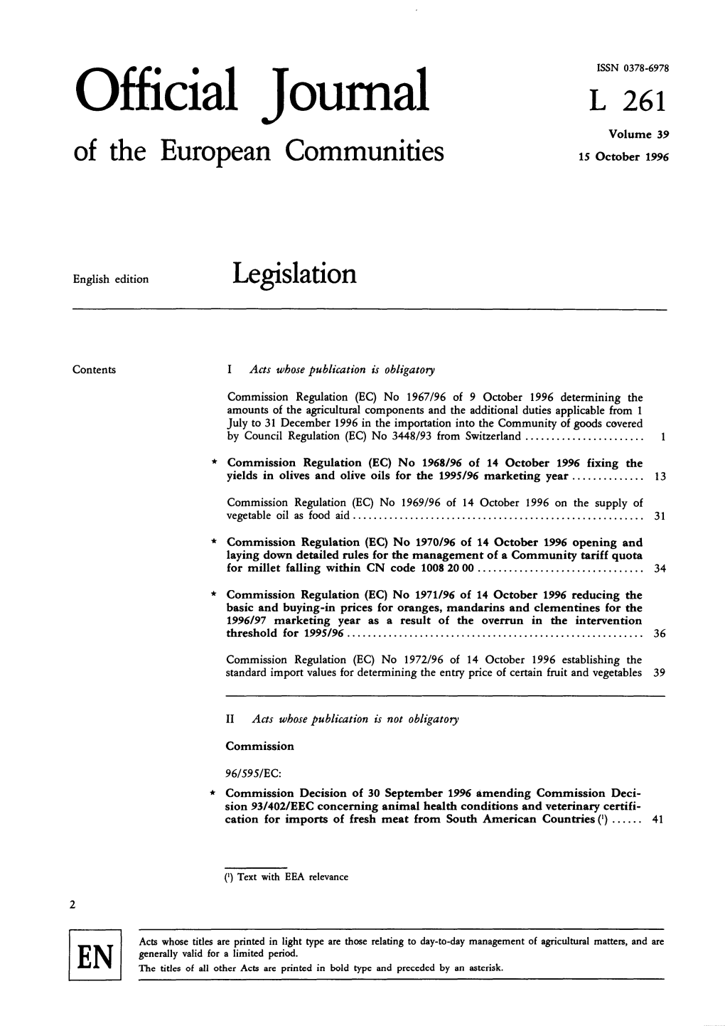 Official Journal L 261 Volume 39 of the European Communities 15 October 1996