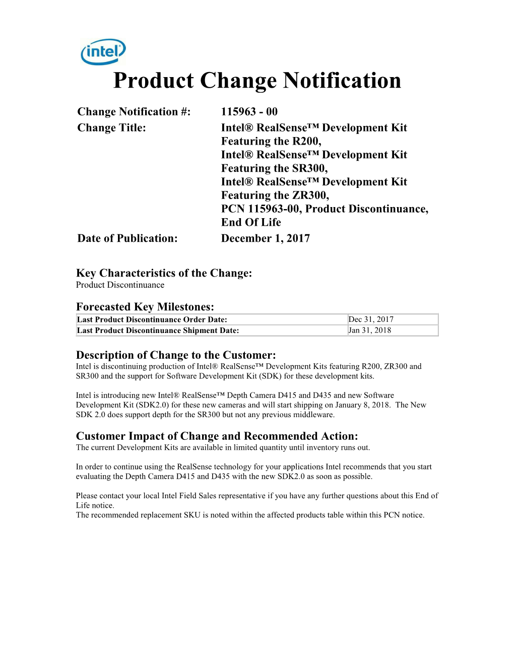 Product Change Notification