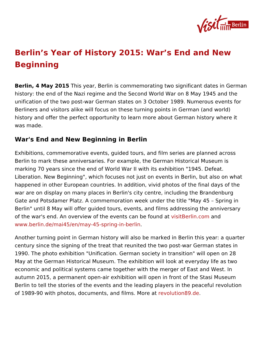 Berlin's Year of History 2015: War's End and New Beginning