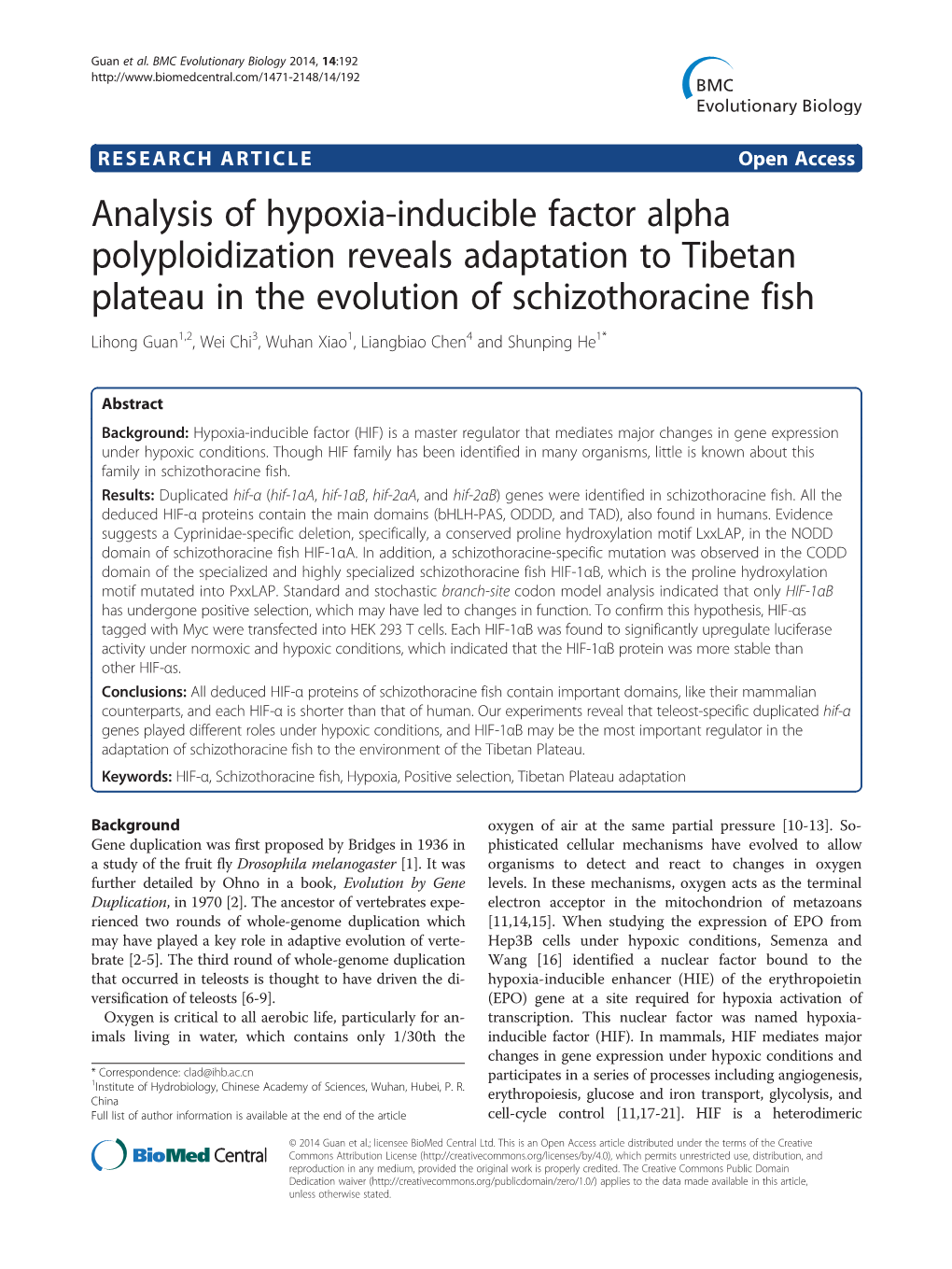 Analysis of Hypoxia-Inducible Factor Alpha Polyploidization Reveals Adaptation to Tibetan Plateau in the Evolution of Schizothoracine Fish