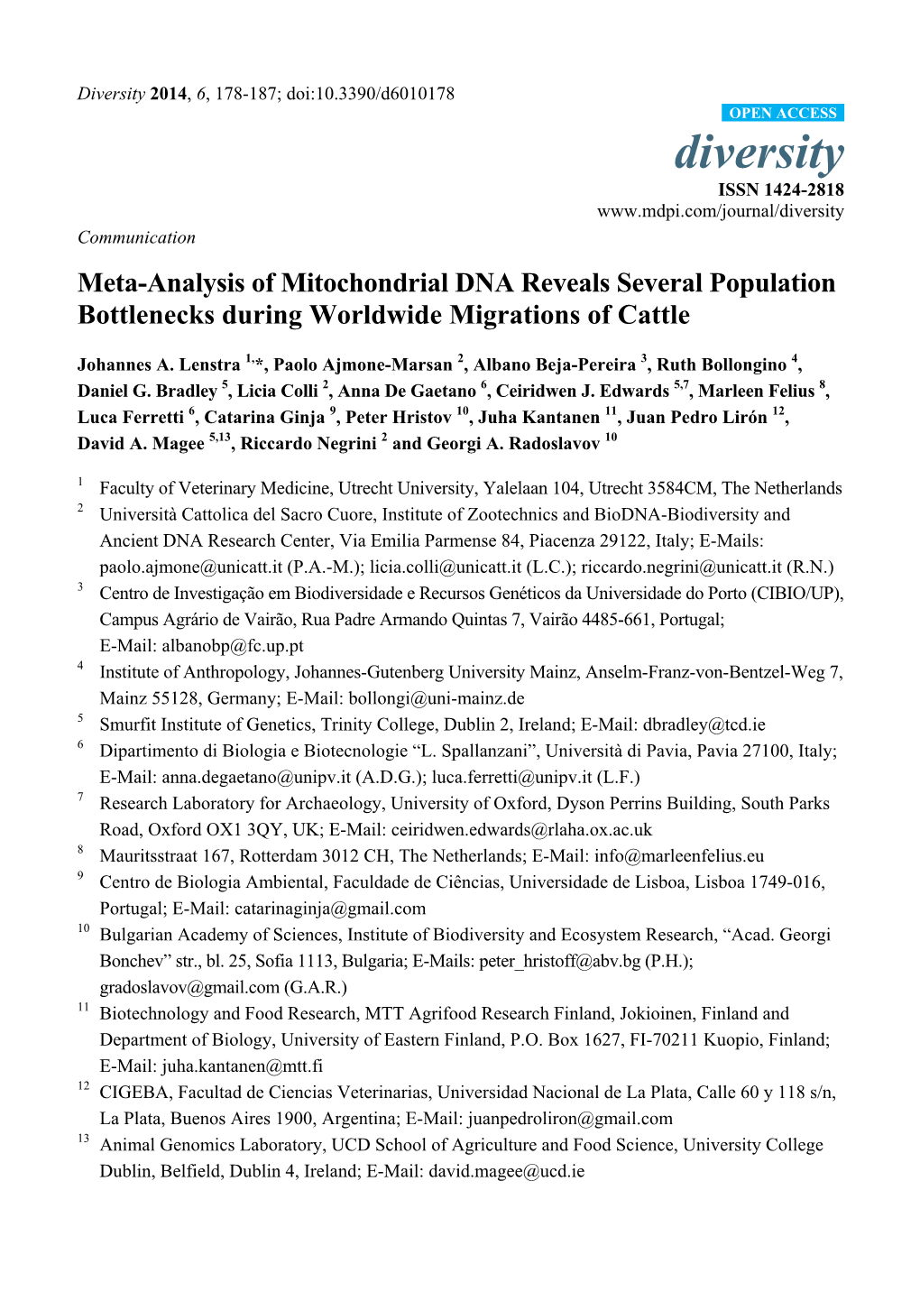 Meta-Analysis of Mitochondrial DNA Reveals Several Population Bottlenecks During Worldwide Migrations of Cattle