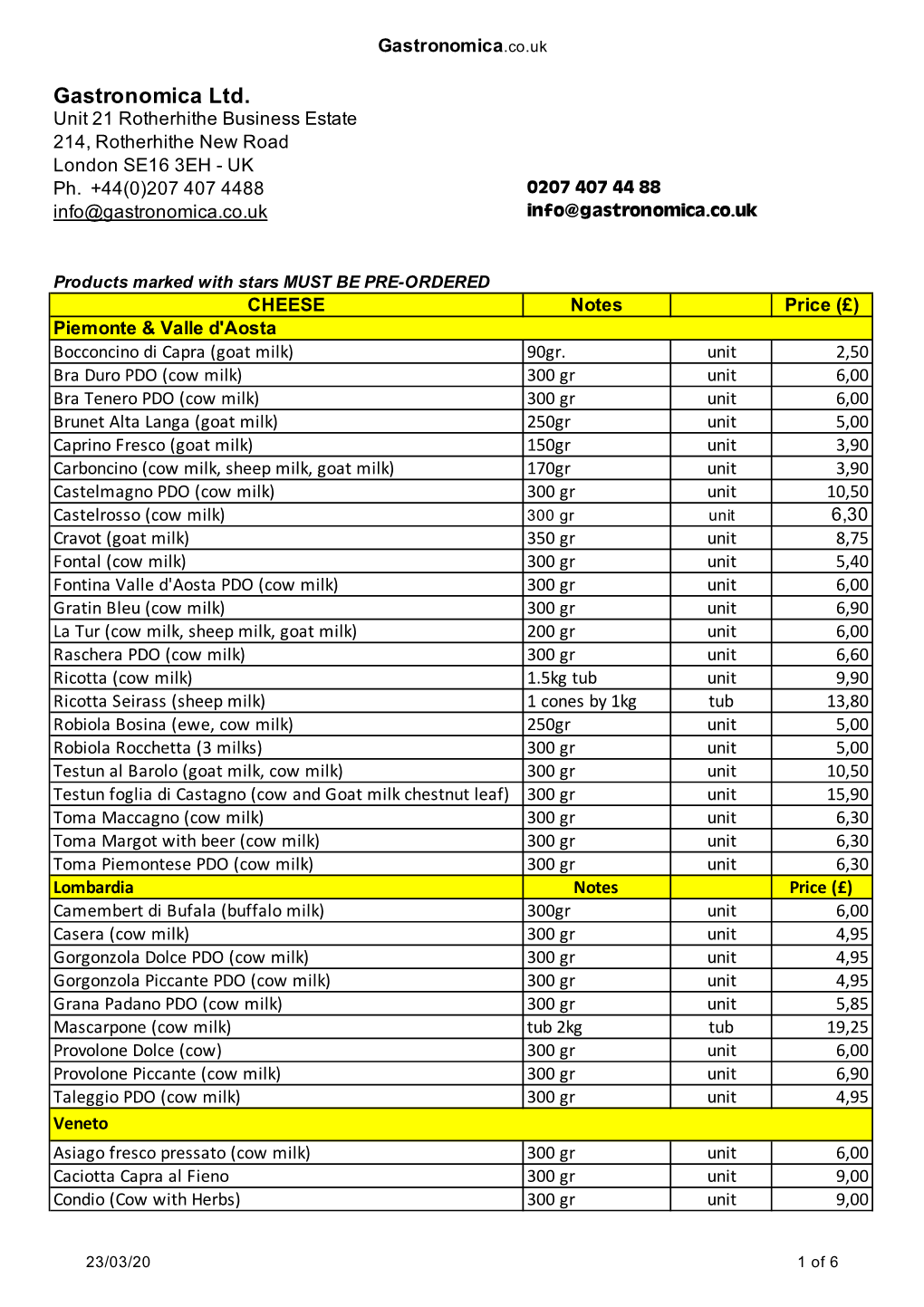 Web Price List