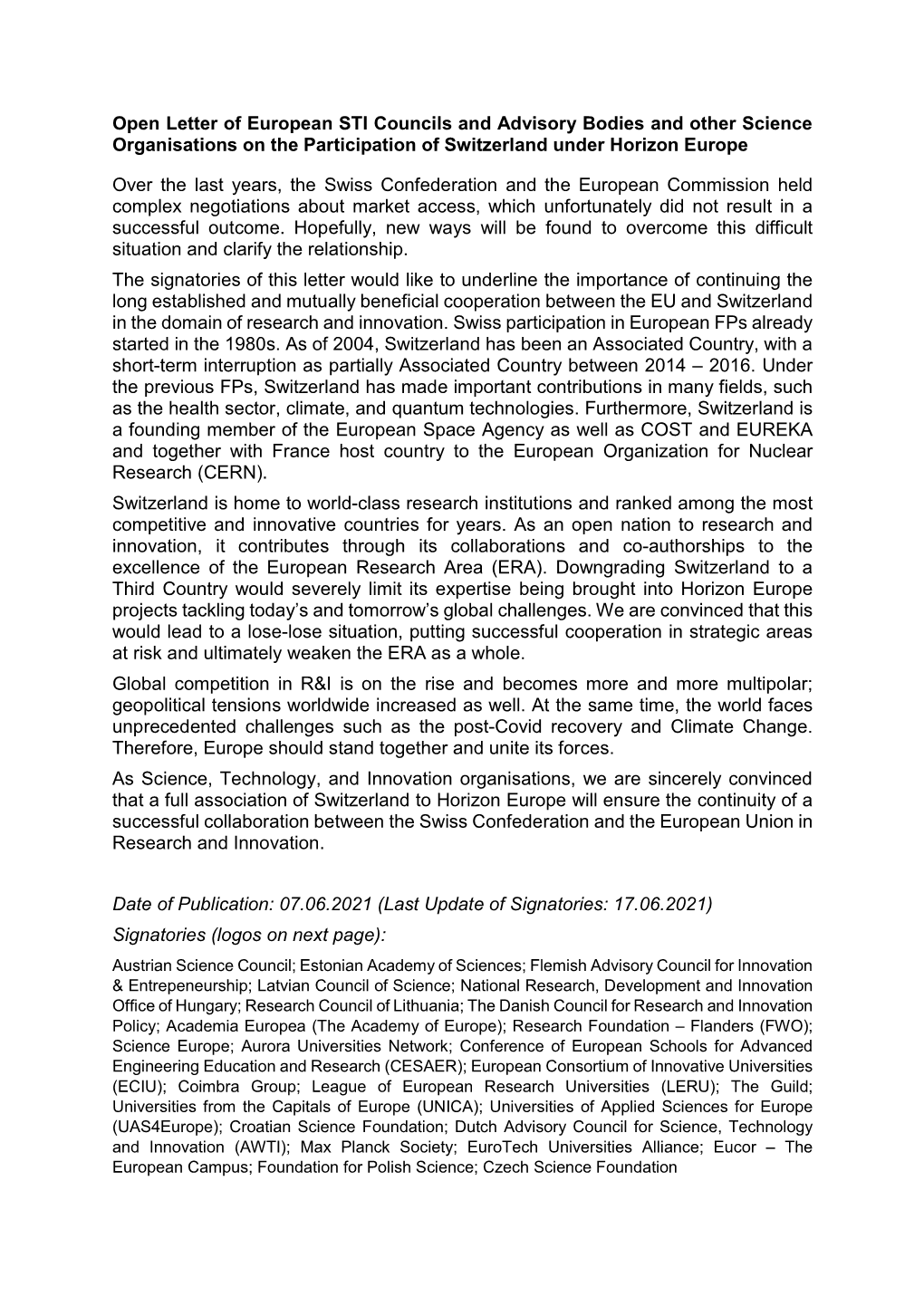 Open Letter on the Participation of Switzerland