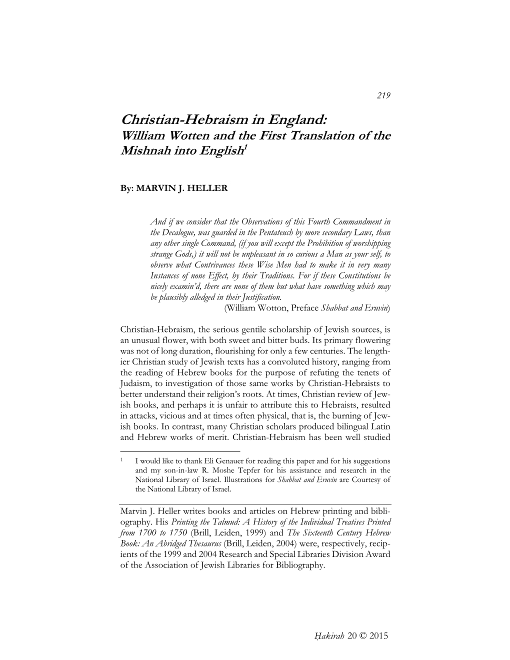 Christian-Hebraism in England: William Wotten and the First Translation of the Mishnah Into English1