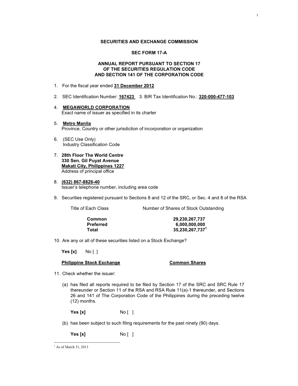 Securities and Exchange Commission Sec Form 17-A