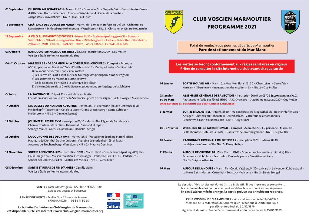 Club Vosgien Marmoutier Programme 2021