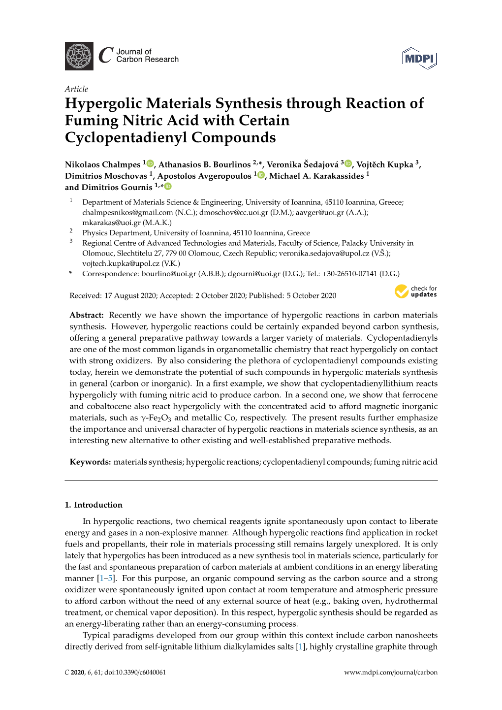 Hypergolic Materials Synthesis Through Reaction of Fuming Nitric Acid with Certain Cyclopentadienyl Compounds