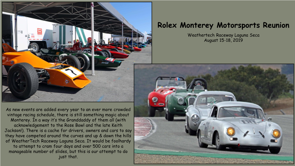 Rolex Monterey Motorsports Reunion Weathertech Raceway Laguna Seca August 15-18, 2019