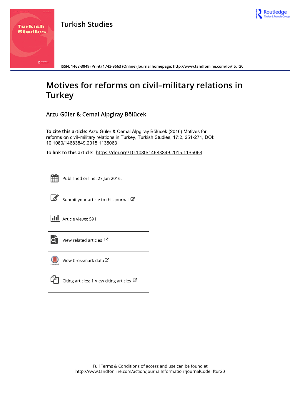 Motives for Reforms on Civil–Military Relations in Turkey