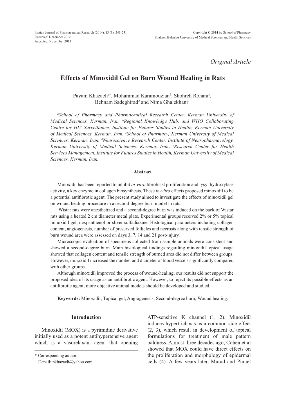 Effects of Minoxidil Gel on Burn Wound Healing in Rats