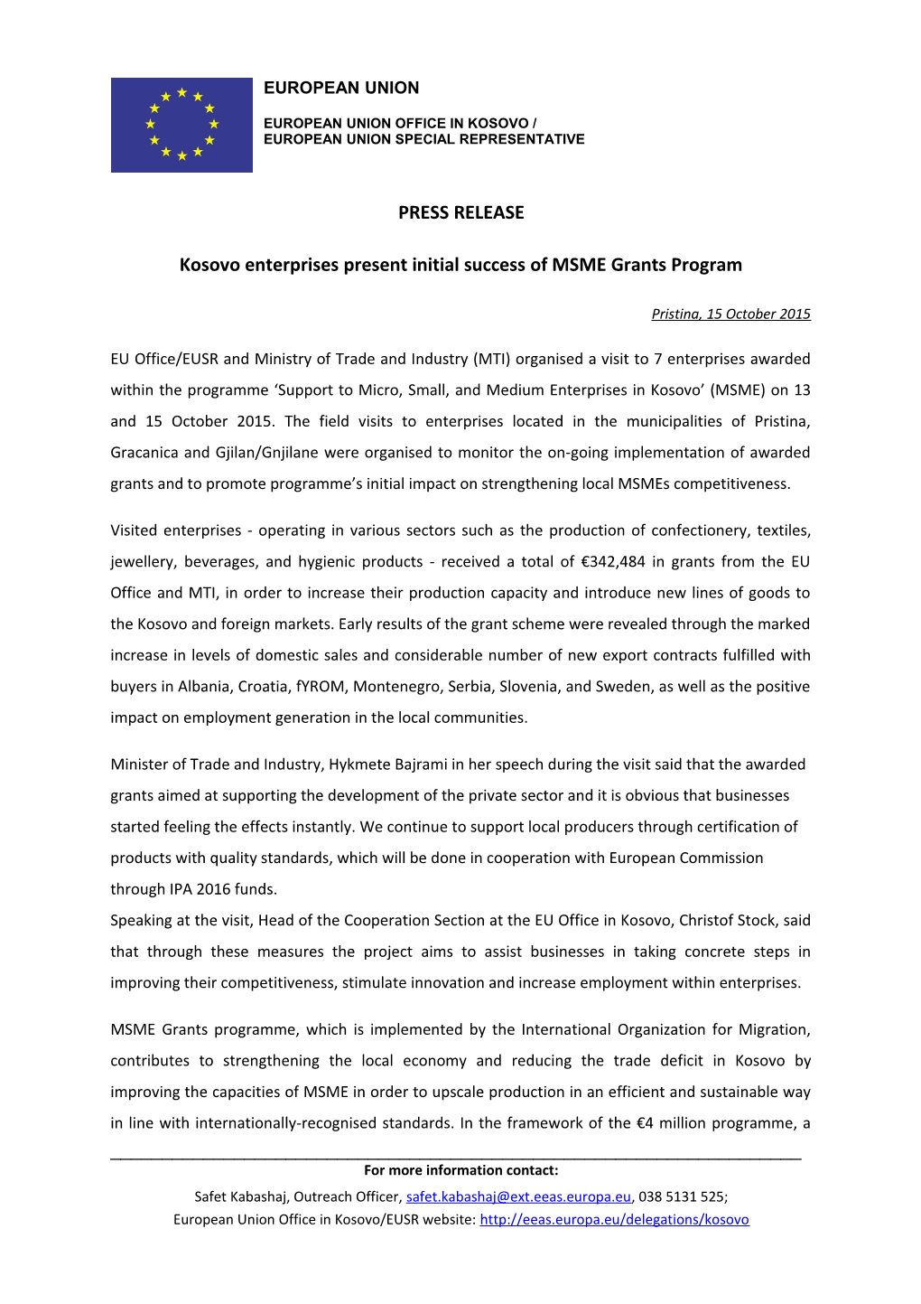 Kosovo Enterprises Present Initial Success of MSME Grants Program