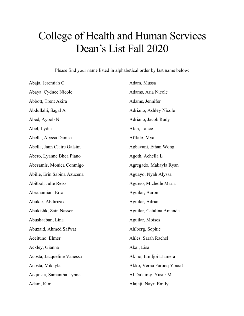 Dean's List, Fall 2020