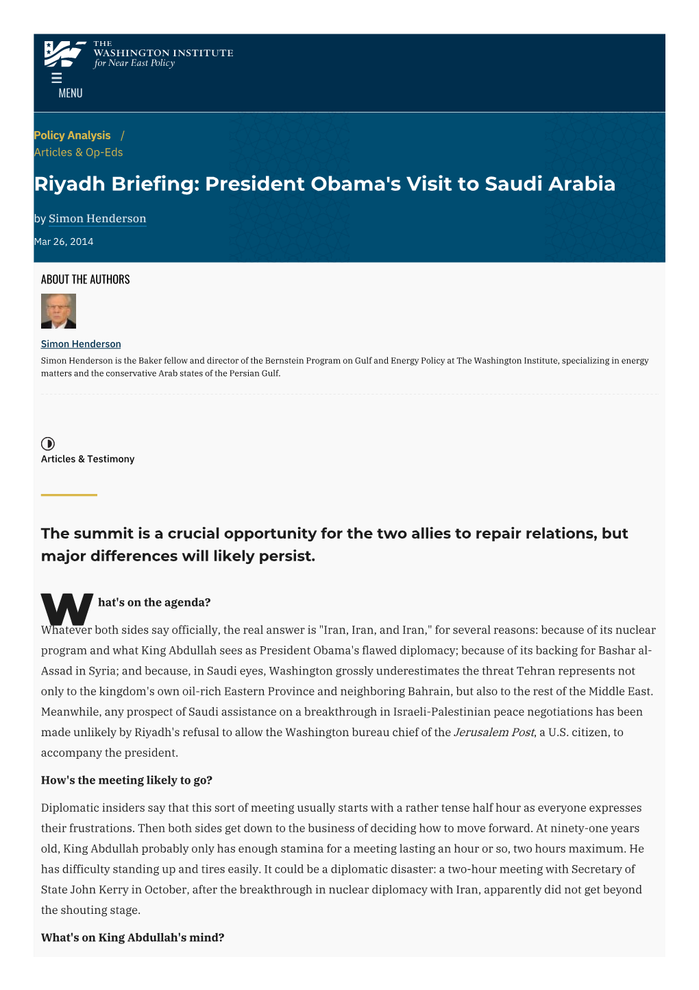 Riyadh Briefing: President Obama's Visit to Saudi Arabia by Simon Henderson