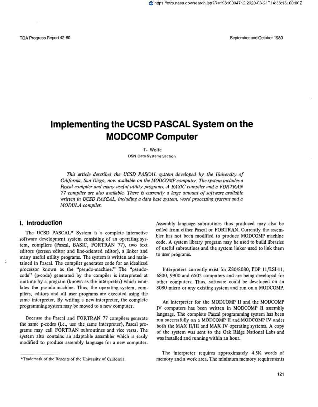 Implementing the UCSD PASCAL System on the MODCOMP Computer