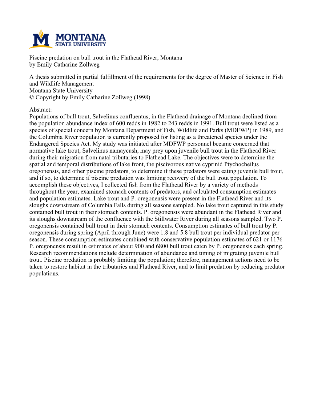 Piscine Predation on Bull Trout in the Flathead River, Montana by Emily Catharine Zollweg a Thesis Submitted in Partial Fulfillm