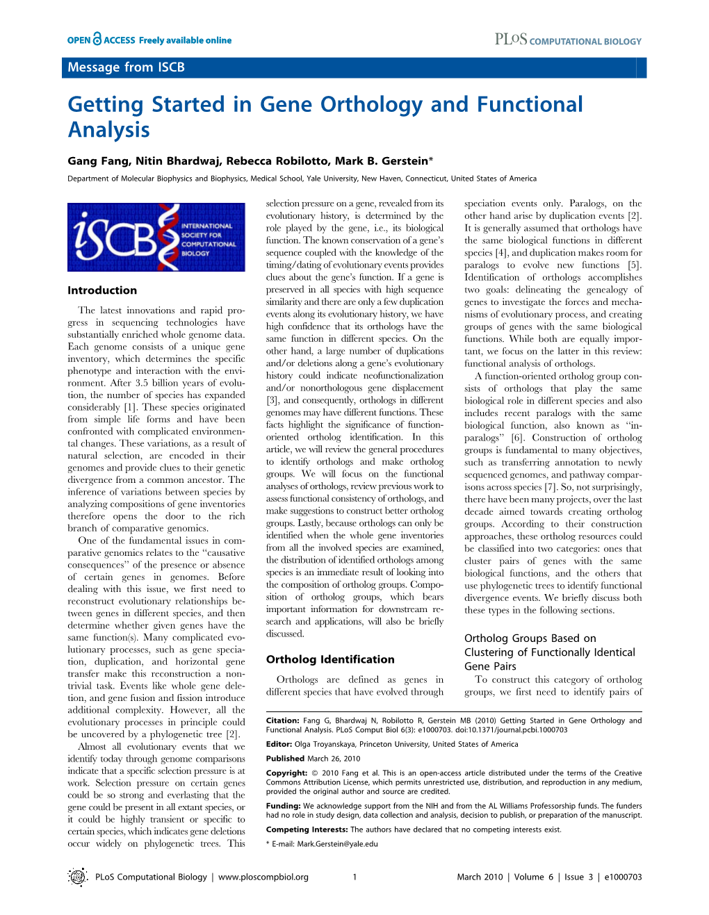 Getting Started in Gene Orthology and Functional Analysis