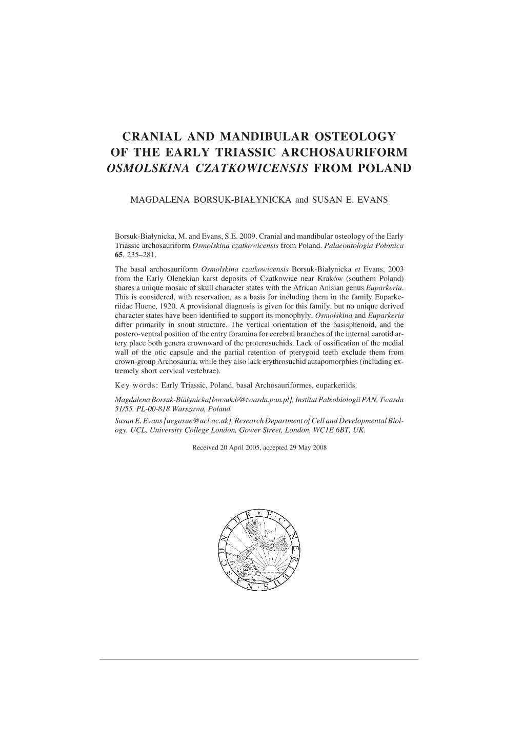 Cranial and Mandibular Osteology of the Early Triassic Archosauriform Osmolskina Czatkowicensis from Poland