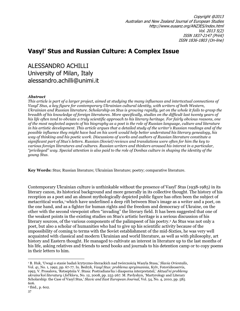 Vasyl' Stus and Russian Culture