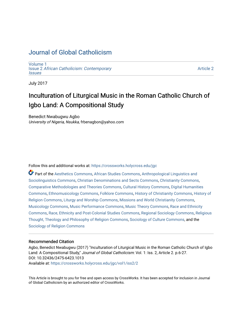 Inculturation of Liturgical Music in the Roman Catholic Church of Igbo Land: a Compositional Study
