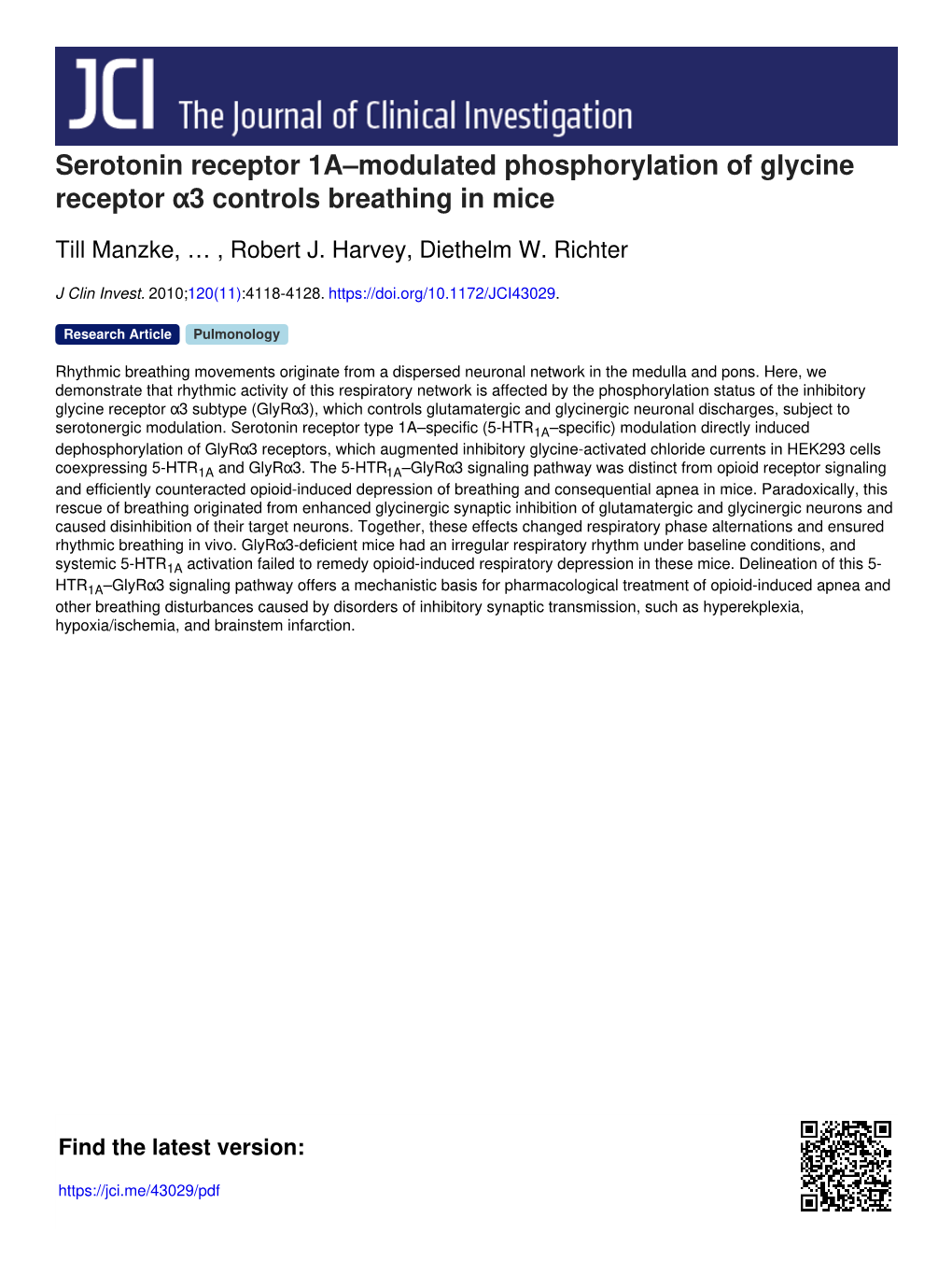 Serotonin Receptor 1A–Modulated Phosphorylation of Glycine Receptor Α3 Controls Breathing in Mice