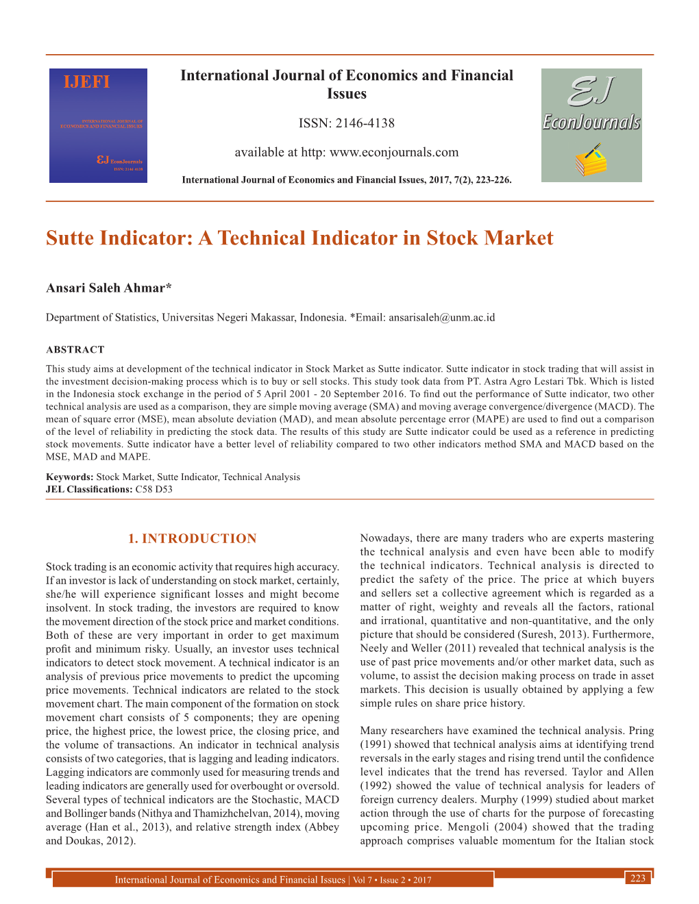 Sutte Indicator: a Technical Indicator in Stock Market