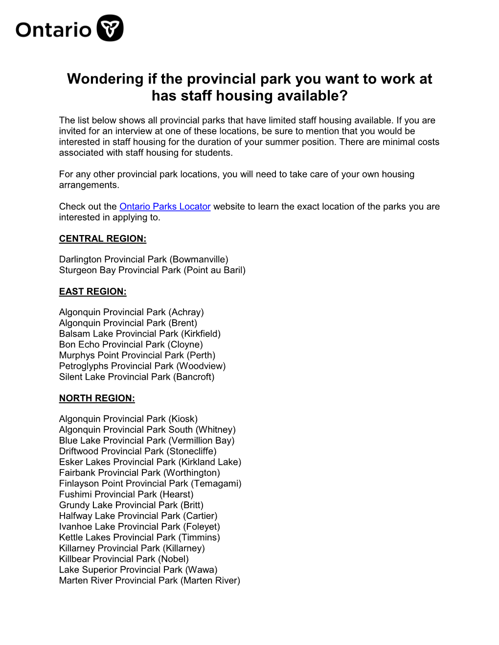 List of Provincial Parks with Staff Housing
