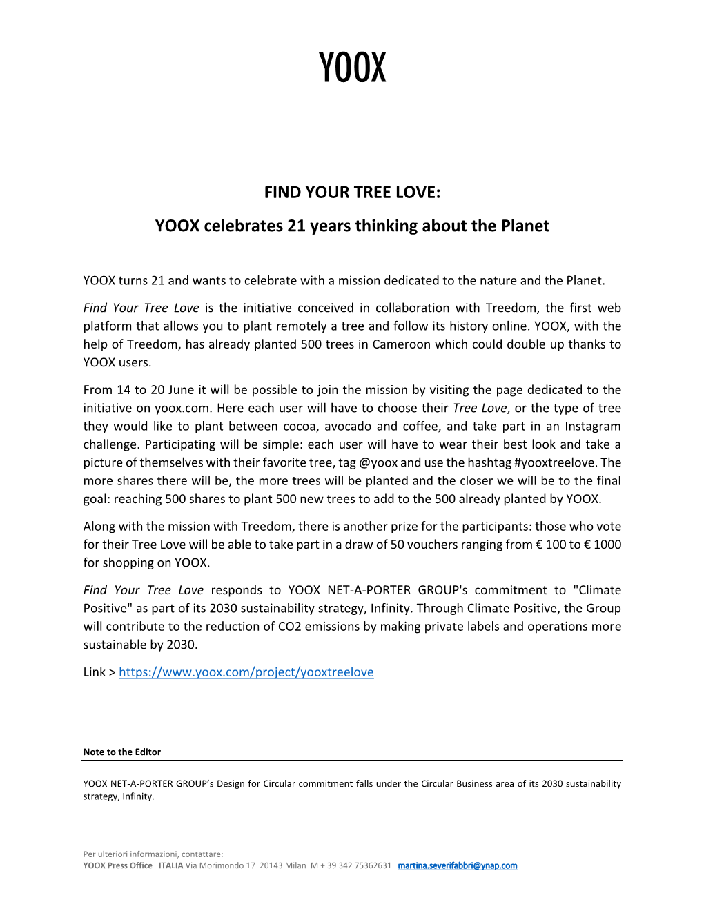 FIND YOUR TREE LOVE: YOOX Celebrates 21 Years Thinking About the Planet