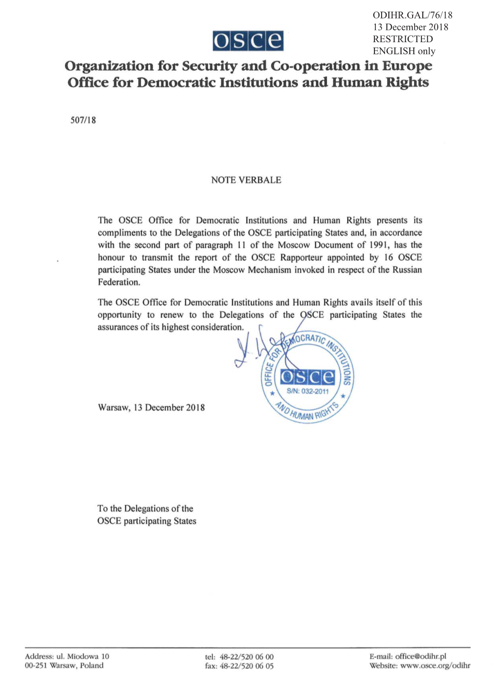 Report Under the Moscow Mechanism on Alleged Human Rights Violations and Impunity in the Chechen Republic of the Russian Federation