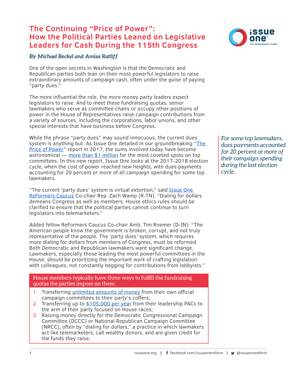 Price of Power”: How the Political Parties Leaned on Legislative Leaders for Cash During the 115Th Congress by Michael Beckel and Amisa Ratliff