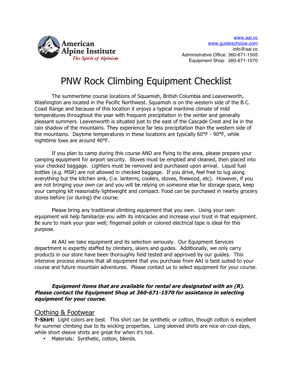 PNW Rock Climbing Equipment Checklist