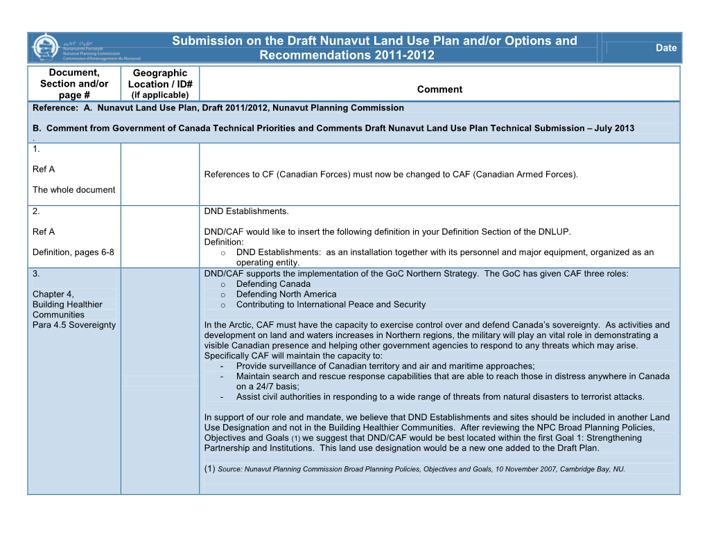Submission on the Draft Nunavut Land Use Plan And/Or Options and Date Recommendations 2011-2012 Document, Geographic
