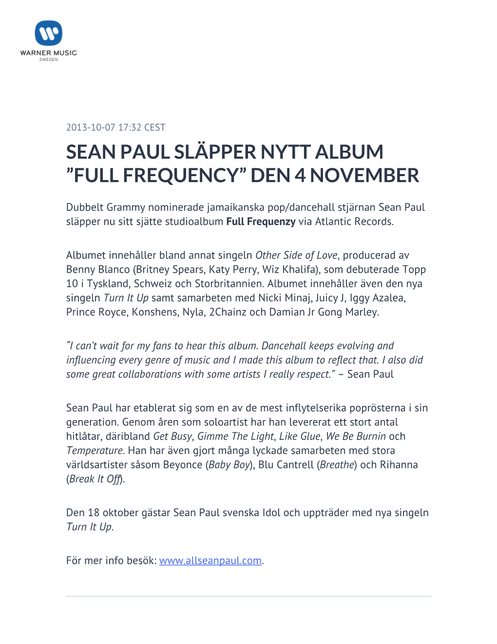 Sean Paul Släpper Nytt Album ”Full Frequency” Den 4 November