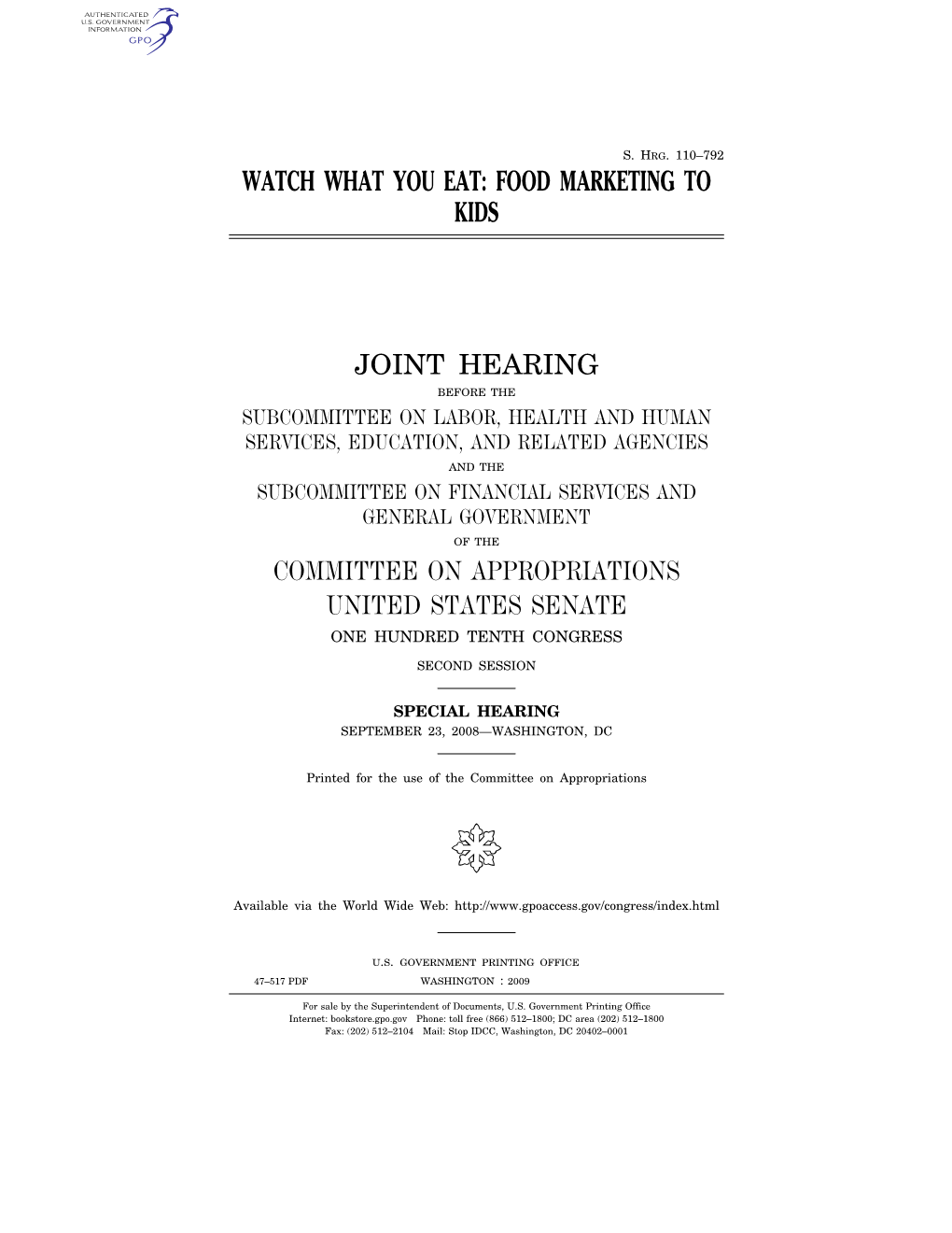 Food Marketing to Kids Joint Hearing Committee On