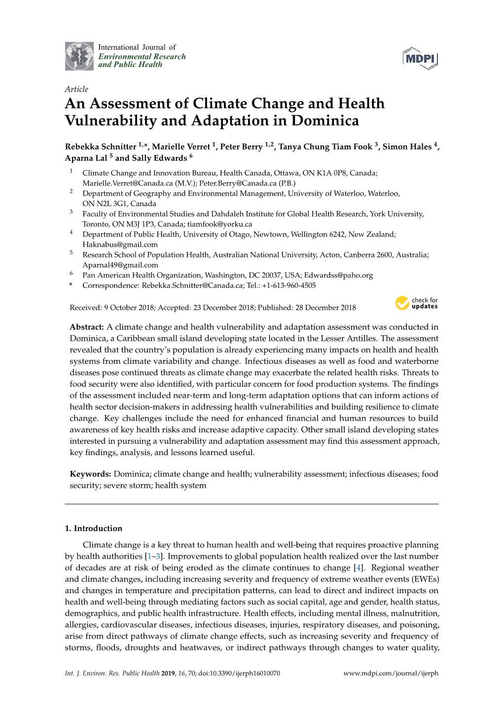 An Assessment of Climate Change and Health Vulnerability and Adaptation in Dominica