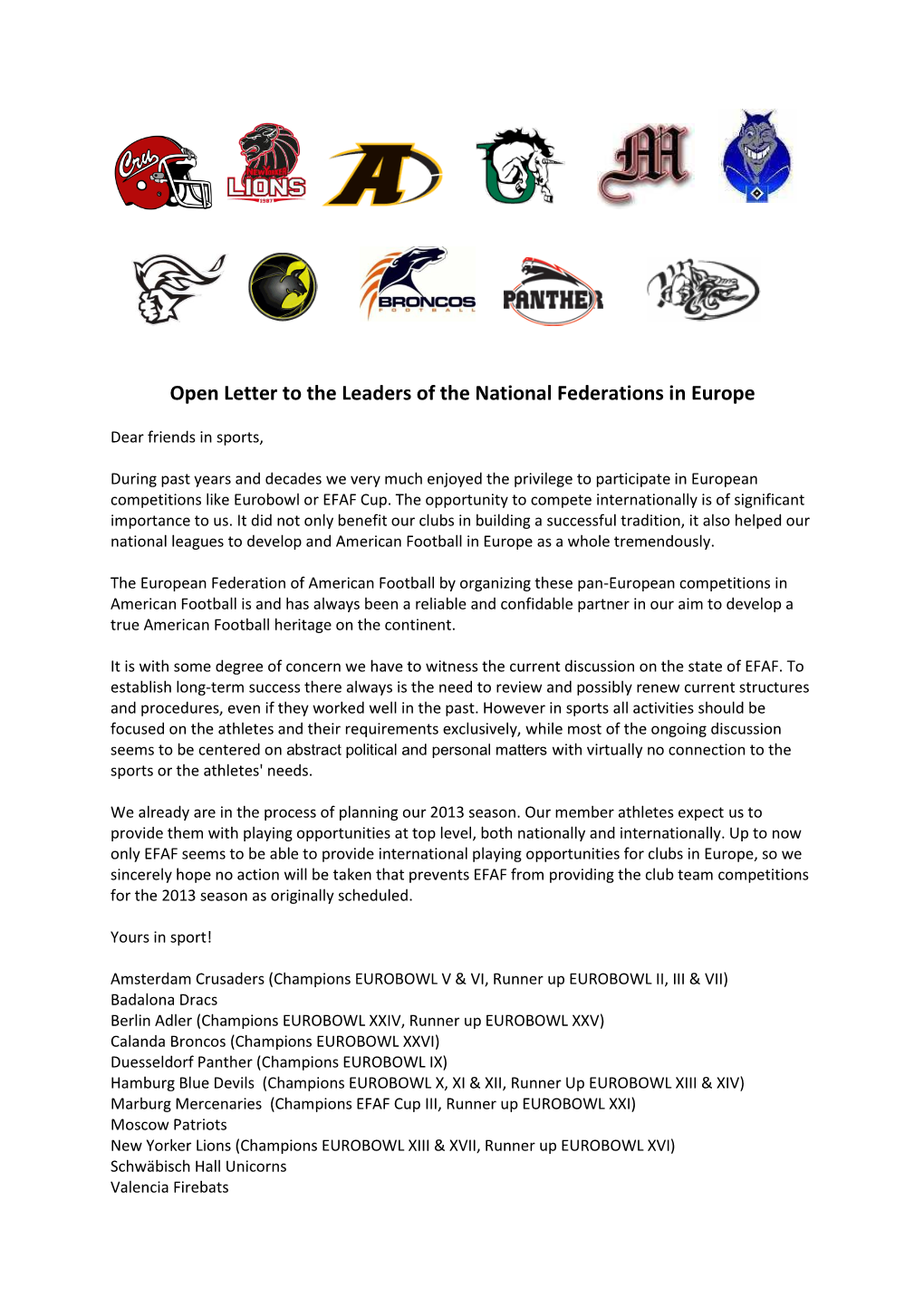 Open Letter to the Leaders of the National Federations in Europe