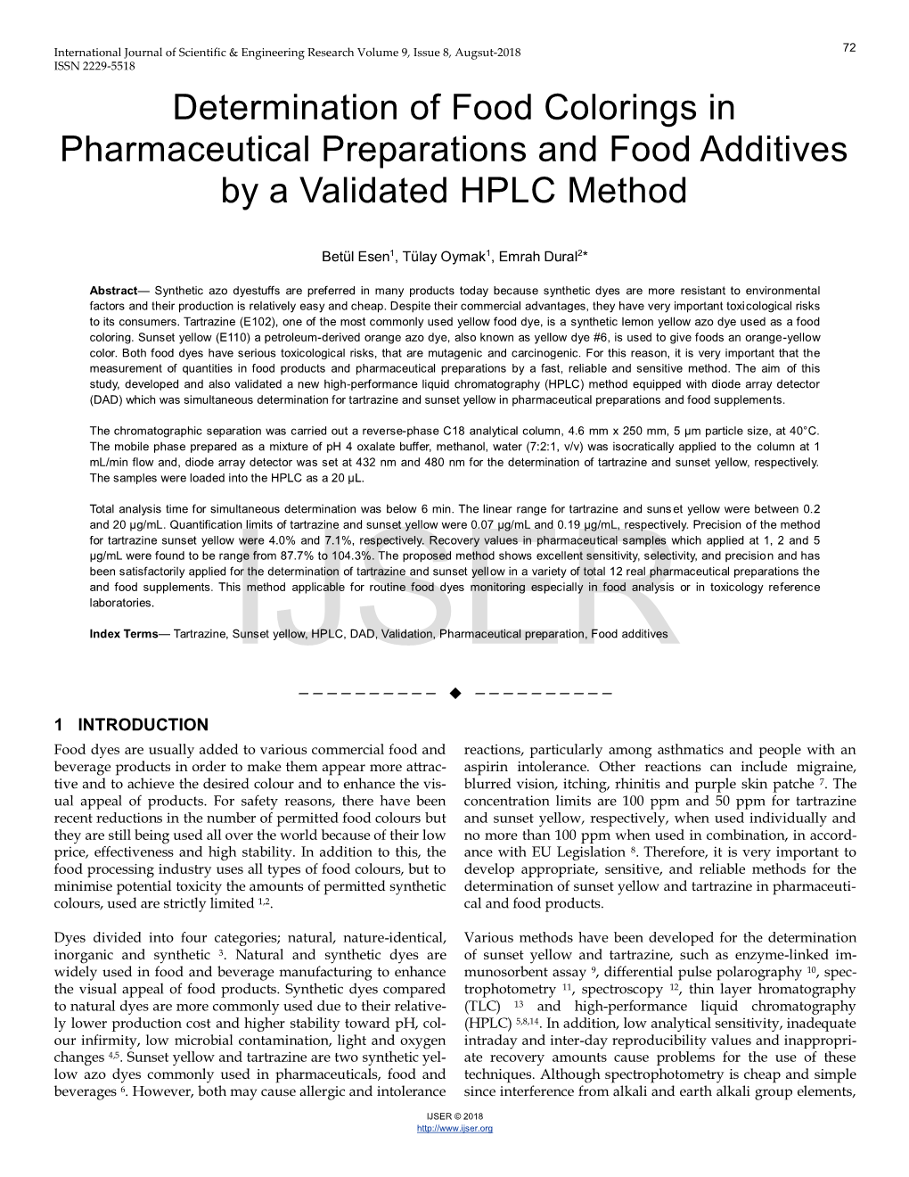 Determination of Food Colorings in Pharmaceutical Preparations and Food Additives by a Validated HPLC Method