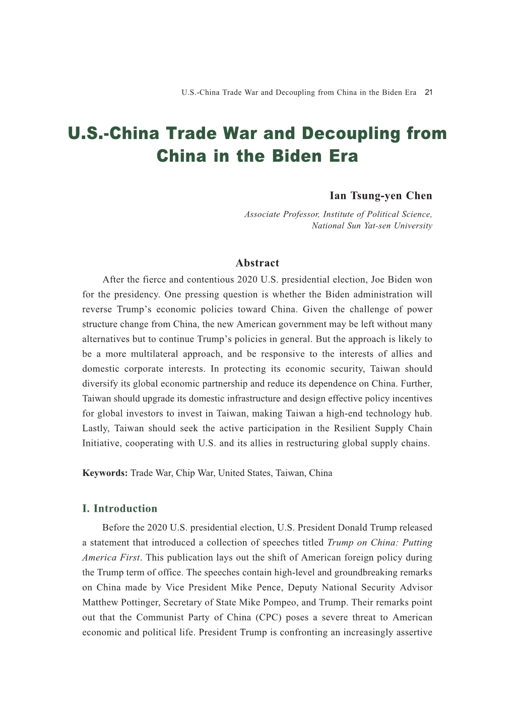 U.S.-China Trade War and Decoupling from China in the Biden Era 21