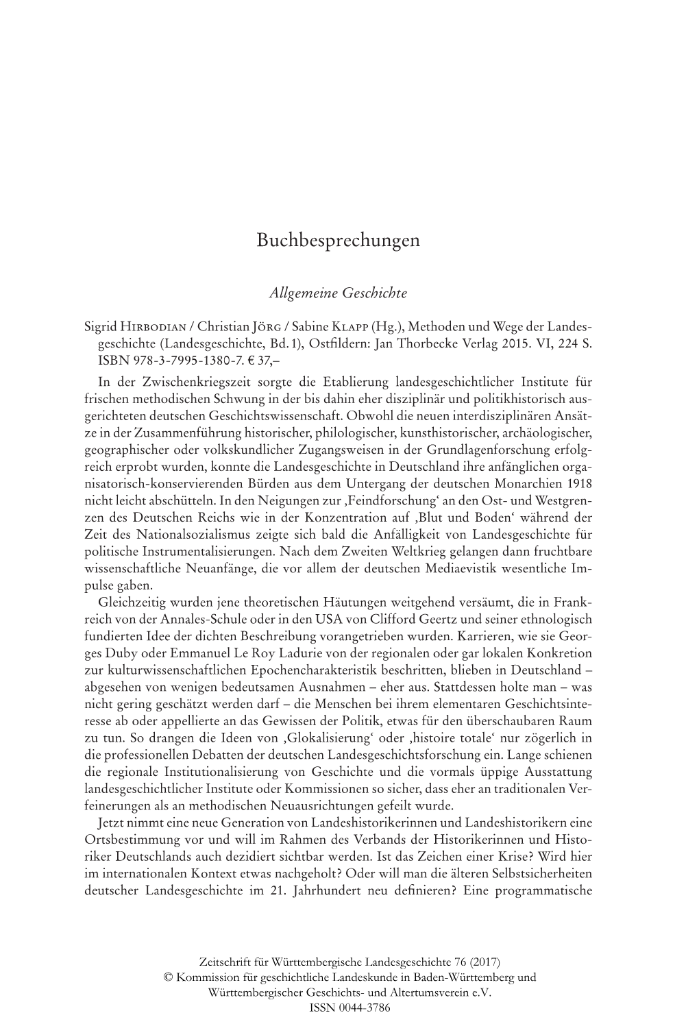 Zeitschrift Für Württembergische Landesgeschichte 76