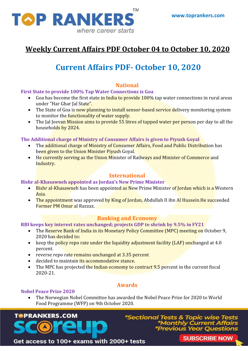 Current Affairs PDF October 04 to October 10, 2020